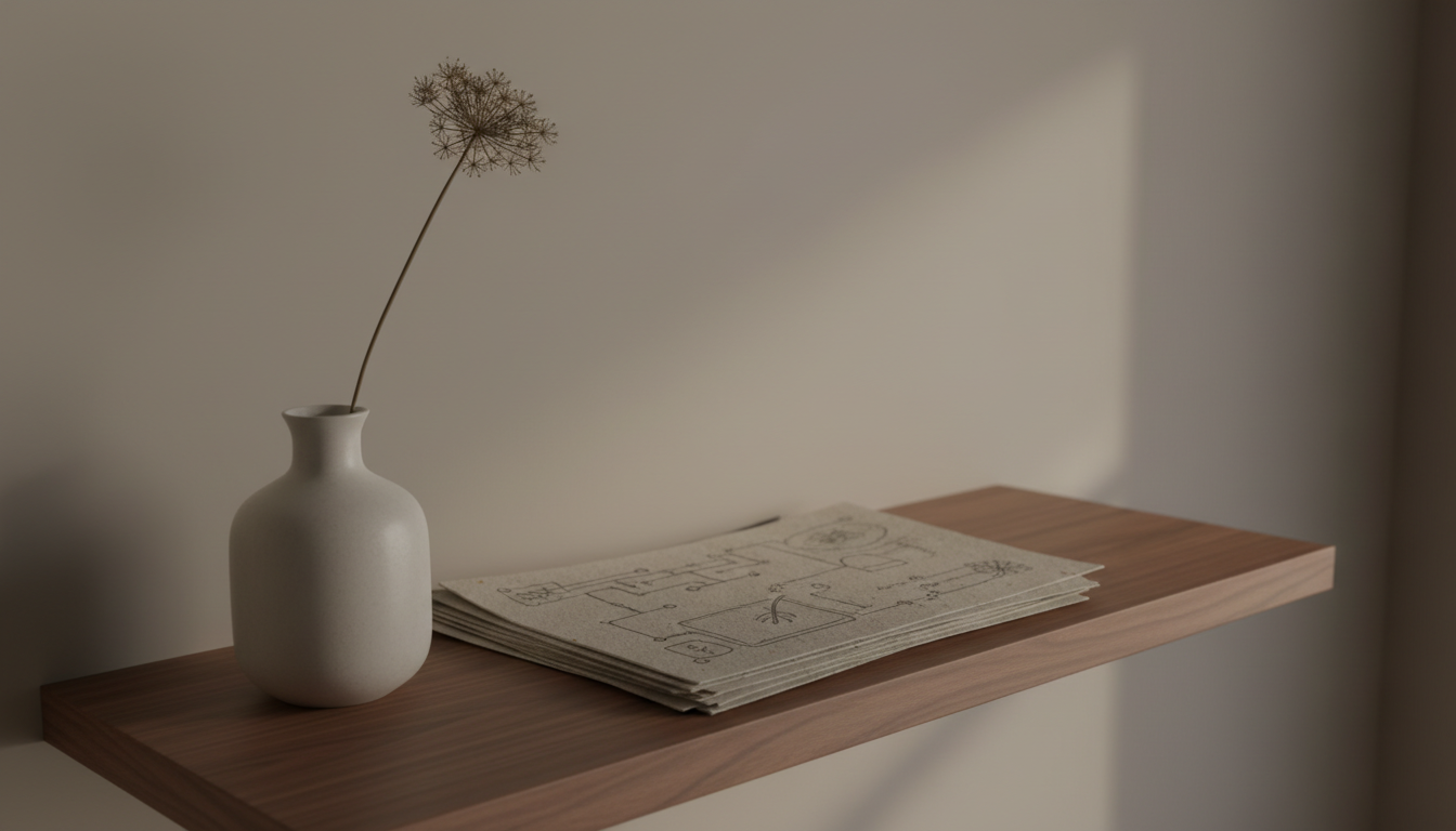An artfully minimal ceramic vase, matte and off-white, sits beside a low stack of textured, recycled paper sheets—each with faint, hand-drawn schematics in pale gray—on a floating walnut shelf. A single dried wildflower stem rises from the vase, its delicate silhouette echoed by the wispy lines across the paper. Subtle indirect afternoon light diffuses across the composition, illuminating the intricate paper textures and casting almost imperceptible, soft-edged shadows against a neutral taupe wall. Shot from a side angle with a shallow depth of field, this graceful composition radiates contemplative sophistication while highlighting the union of artistic process, environmental mindfulness, and educational innovation. The digital-art rendering maintains refined minimalism, aligning with the site’s mission.