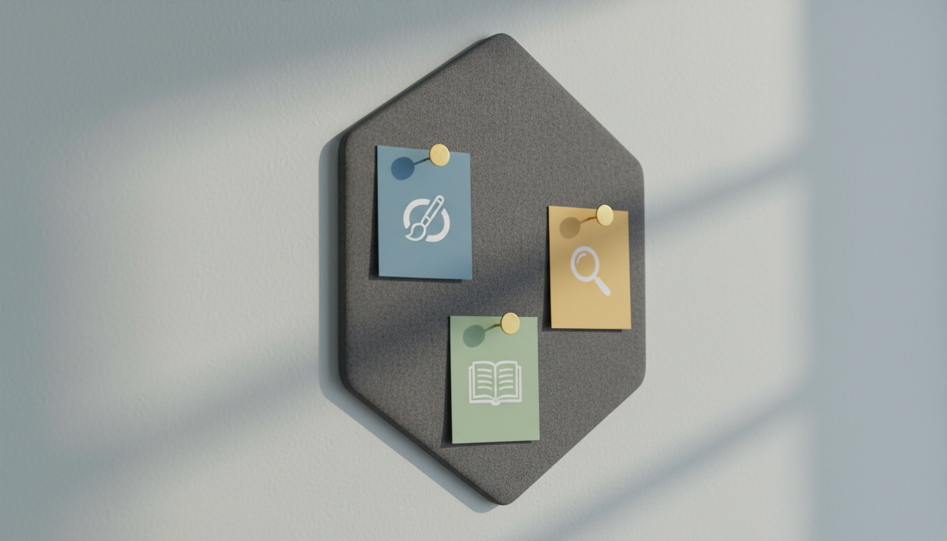 A refined digital illustration of a minimalist hexagonal noticeboard, upholstered in textured gray felt, adorned with elegant, color-coded cards displaying abstract icons—a brush, a book, a magnifying glass—each card attached with a smart, slender brass pin. The board is mounted on a smooth, cool-toned plaster wall with a faint shadow cast beneath it, suggesting subtle dimensionality. Soft, natural light flows from the top right, creating understated highlights on the felt and gentle gradients across the cards. The composition is tightly framed in a slight diagonal perspective for modern dynamism, exuding clarity and calm. This scene embodies the cultured, innovative identity of educational consultancy and mutualist pedagogical practice intrinsic to the project’s brand ethos.